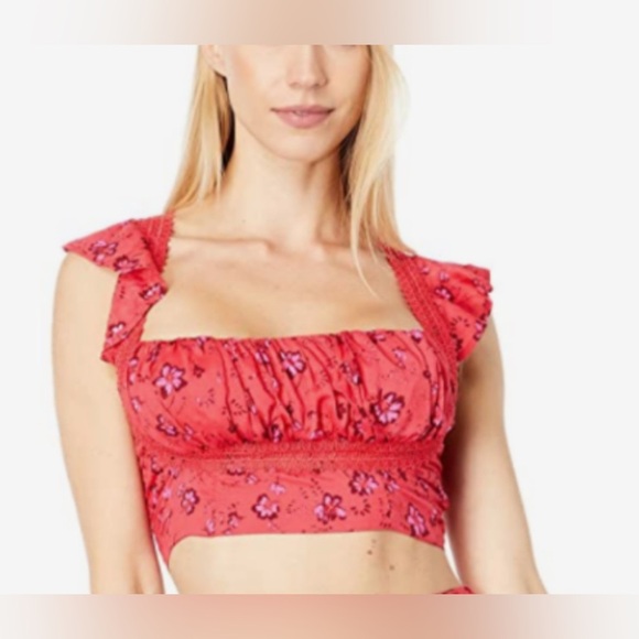 Free People Women’s Top Size 4 Red Floral Smocked Crop Ruffle Lace Boho - Picture 1 of 8